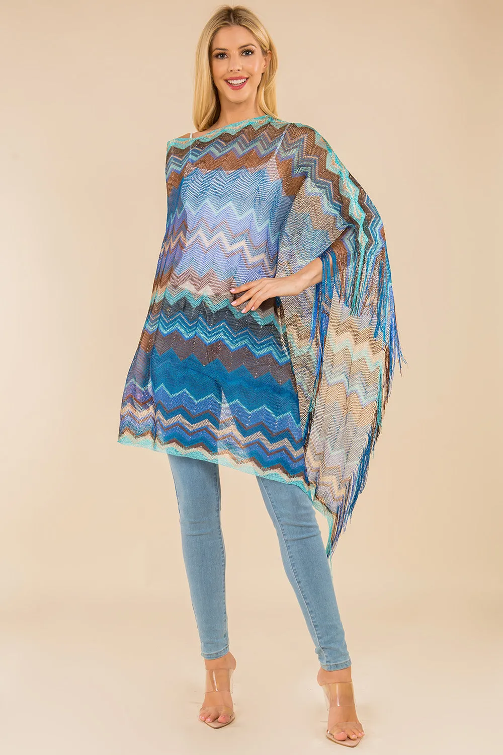 PON-671 metallic zigzag poncho with fringes