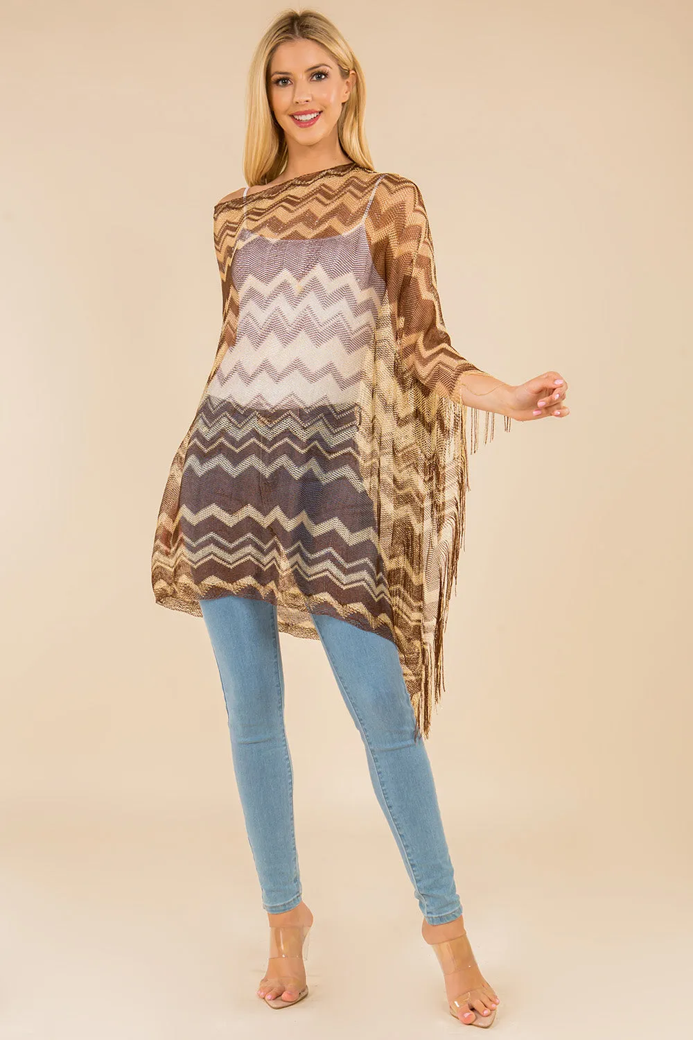 PON-671 metallic zigzag poncho with fringes