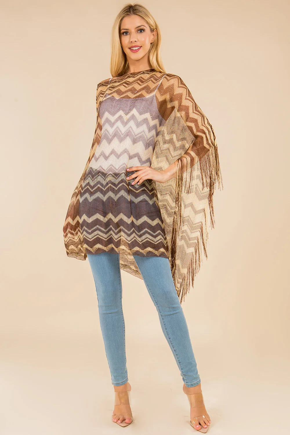 PON-671 metallic zigzag poncho with fringes