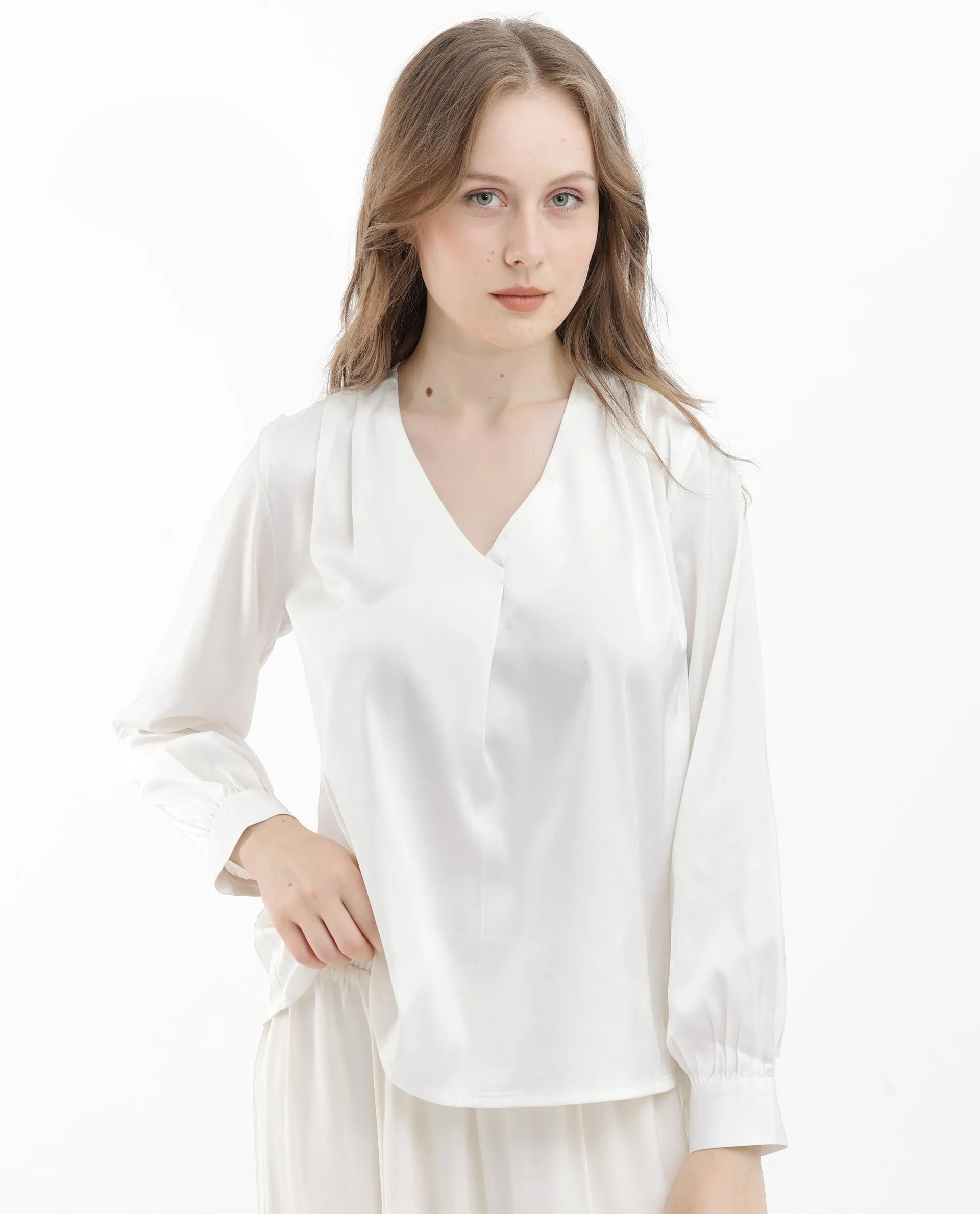 Rareism Women Lohan White Polyester Fabric Full Sleeves V-Neck Cuffed Sleeve Regular Fit Plain Top