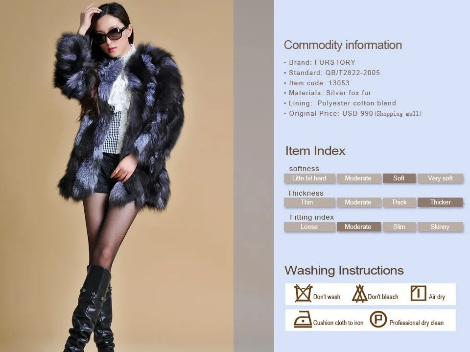 Real Silver Fox Fur Coat Women's  Overcoat  Full Sleeve Supper Thick Plus Size 13053