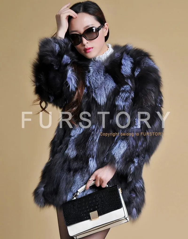 Real Silver Fox Fur Coat Women's  Overcoat  Full Sleeve Supper Thick Plus Size 13053