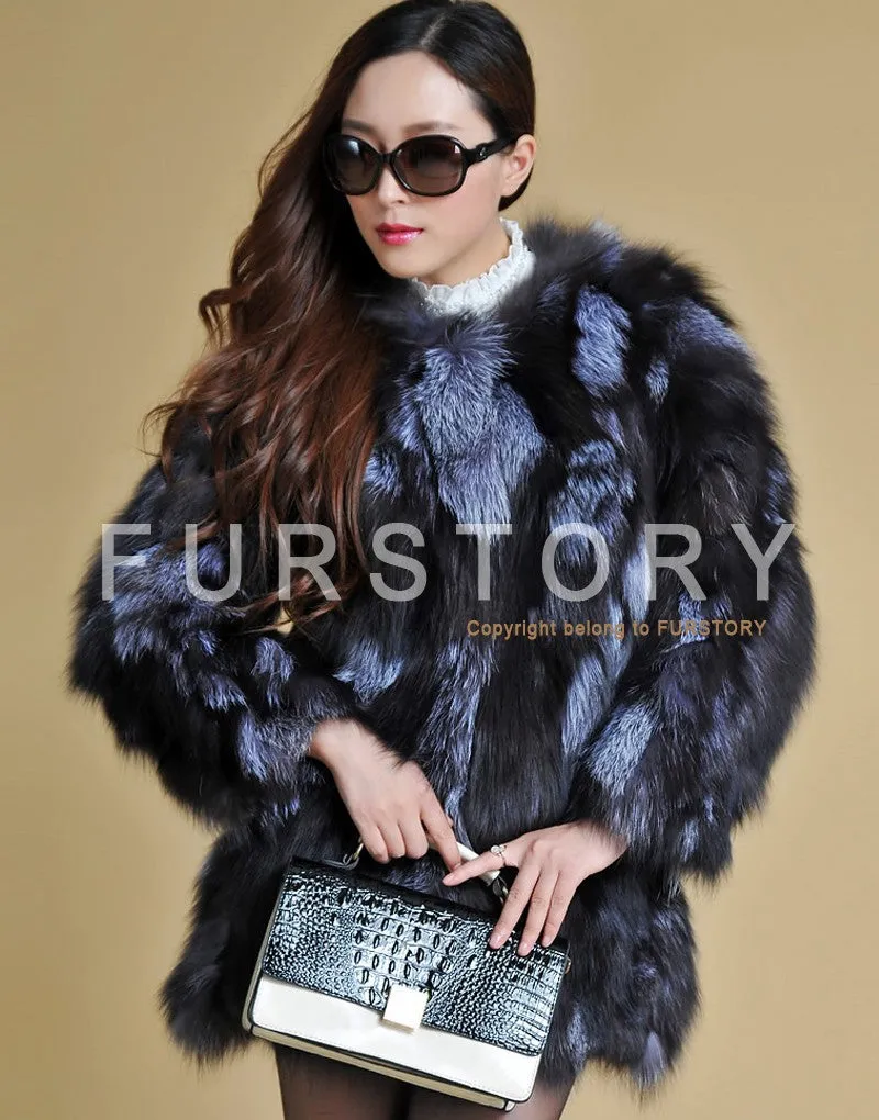 Real Silver Fox Fur Coat Women's  Overcoat  Full Sleeve Supper Thick Plus Size 13053