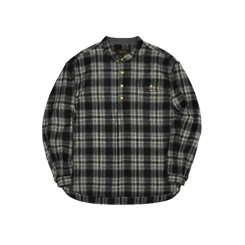 Retro Style Woolen Plaid Pullover Shirt with Band Collar