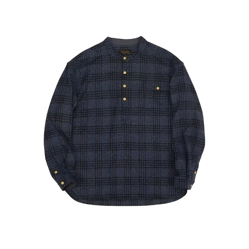 Retro Style Woolen Plaid Pullover Shirt with Band Collar