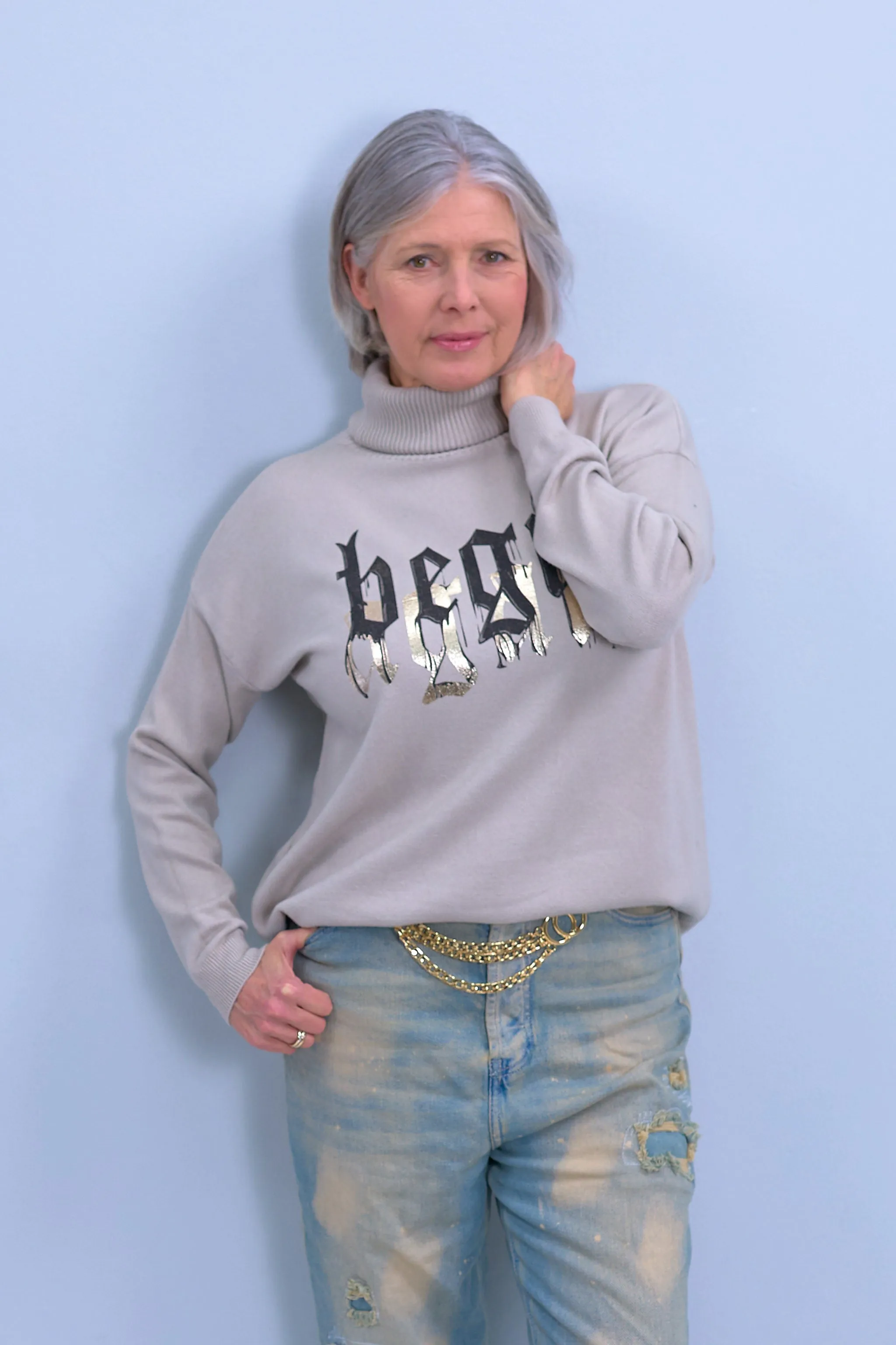 Rollkragen Pulli mit Druck, beige