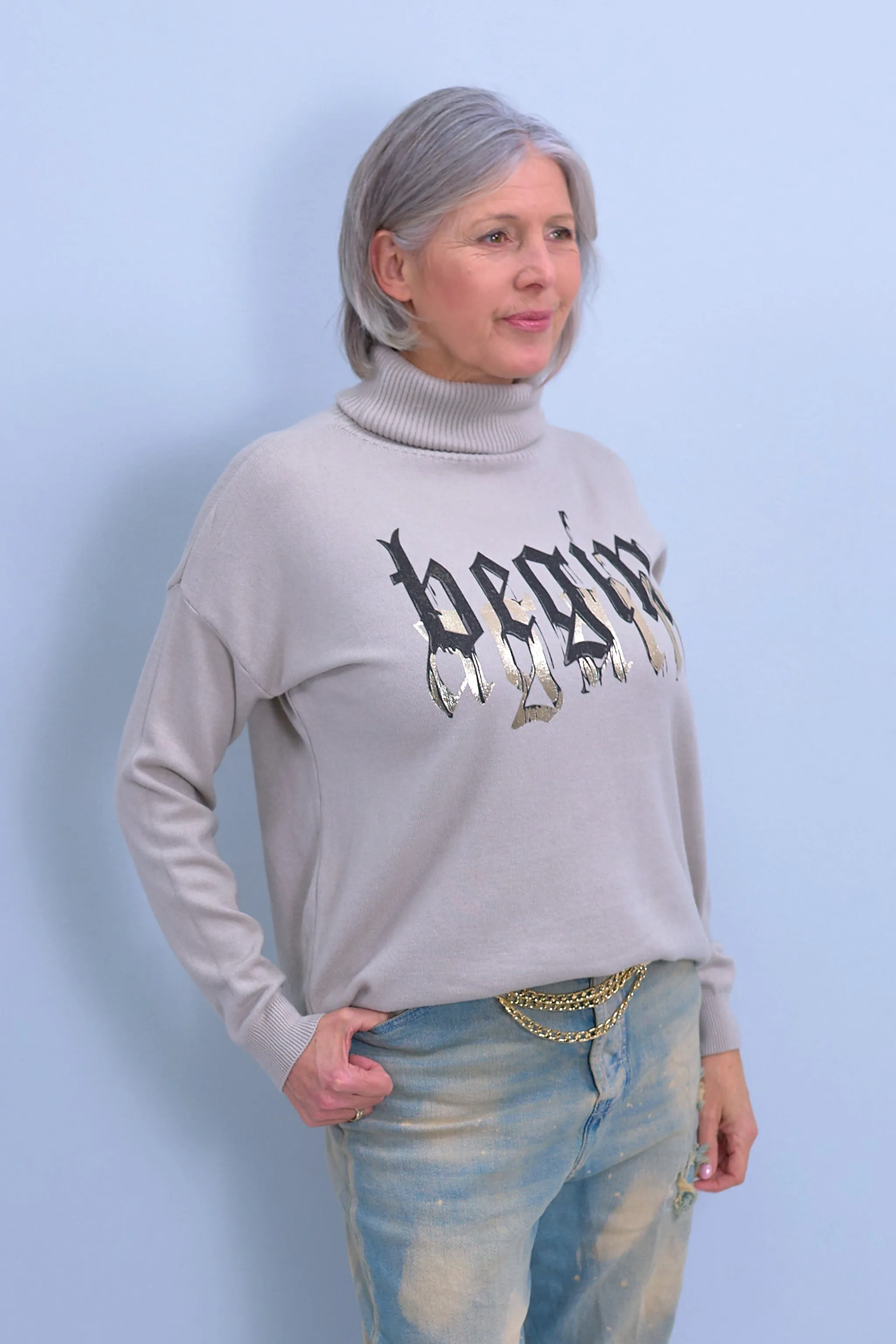 Rollkragen Pulli mit Druck, beige