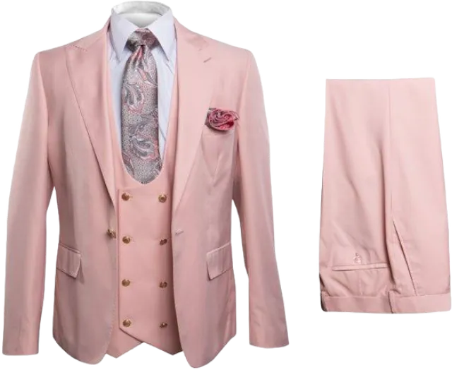 Rossi Man Pink Men's Slim Fit Suit Double Brest Vest Flat Front Pants