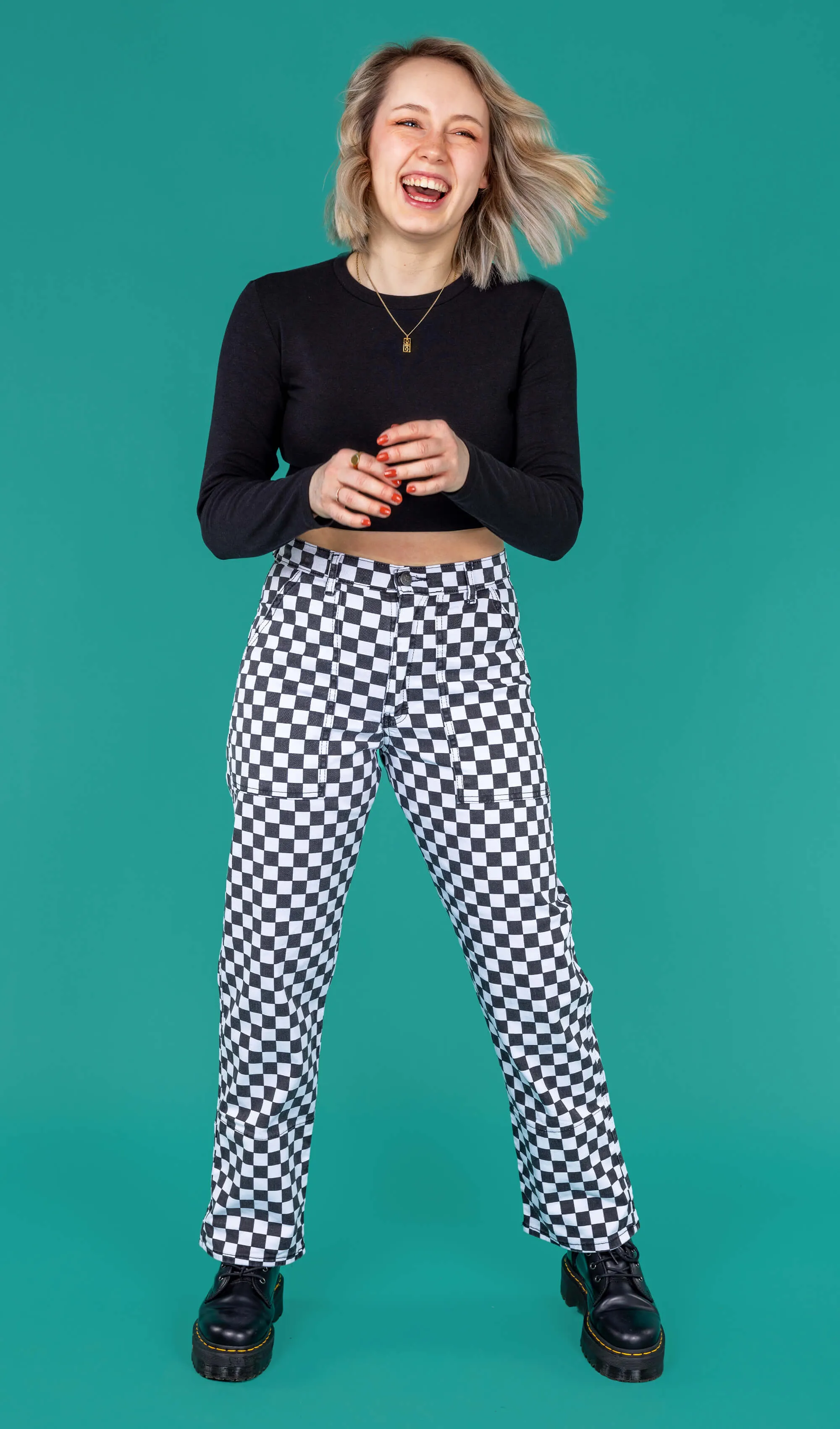 Run & Fly - Checkerboard High Waist Straight Leg Jeans