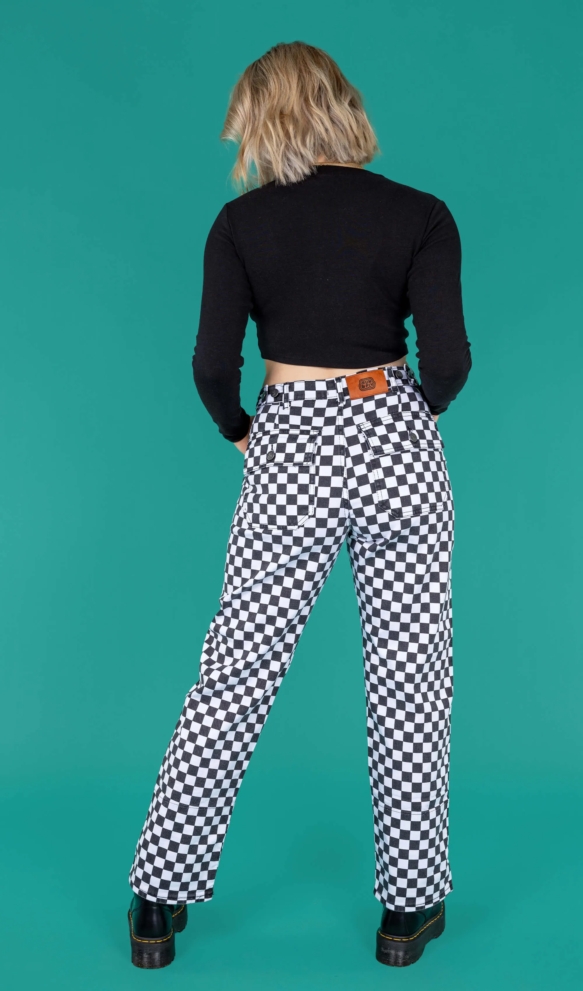 Run & Fly - Checkerboard High Waist Straight Leg Jeans