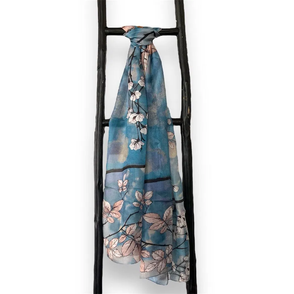 Silk Scarf - White Blossom on Light Blue