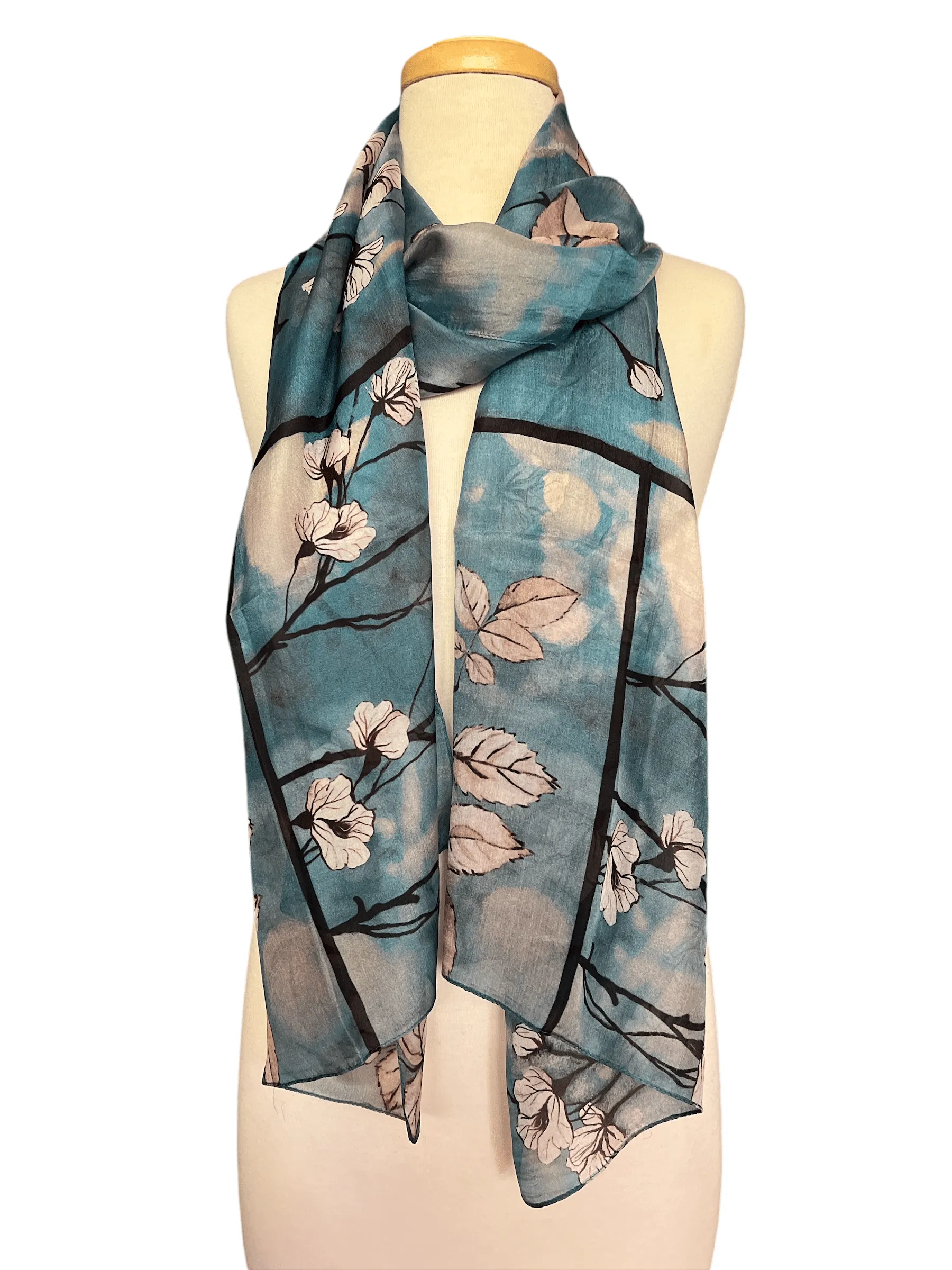 Silk Scarf - White Blossom on Light Blue