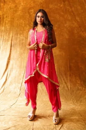 Sleeveless Jacket with Inner and Overlap Dhoti in Rani Pink