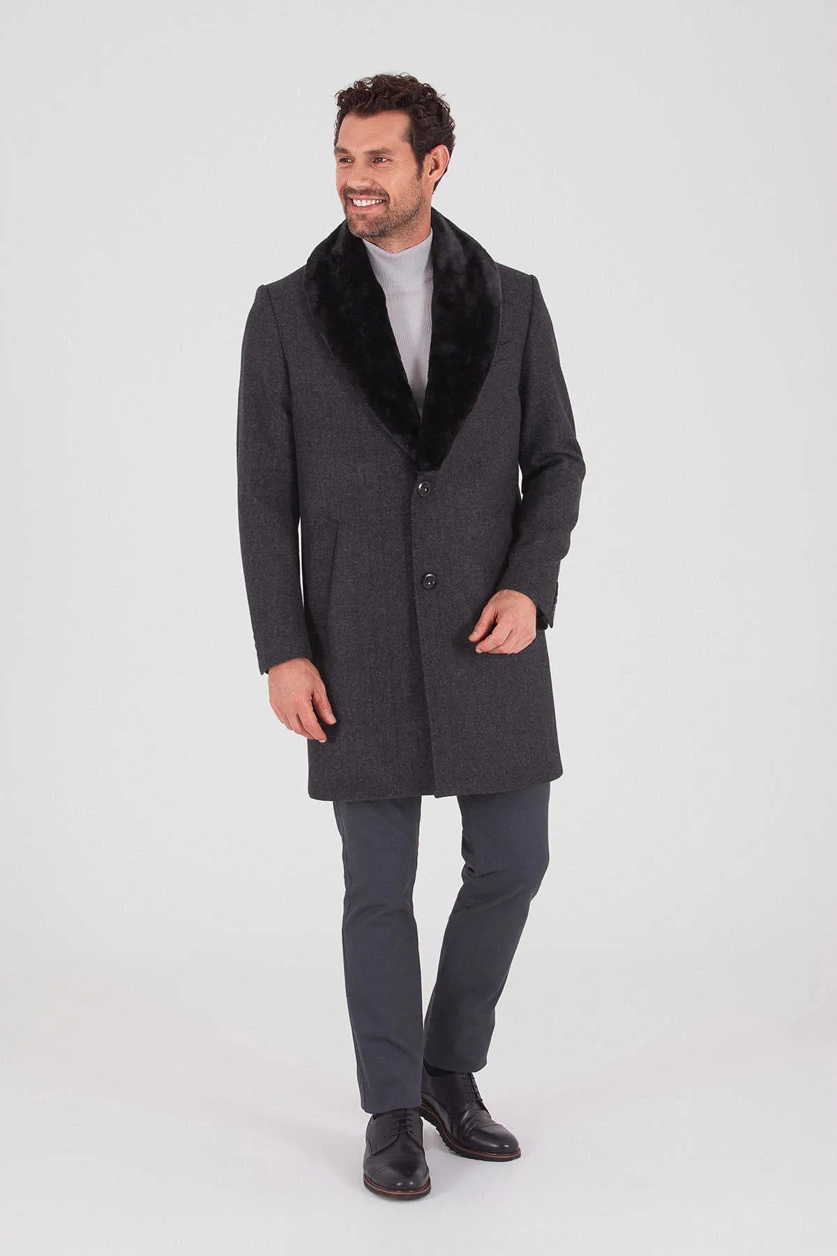 Slim Fit Cachet Charcoal Herringbone Wool Blend Overcoat