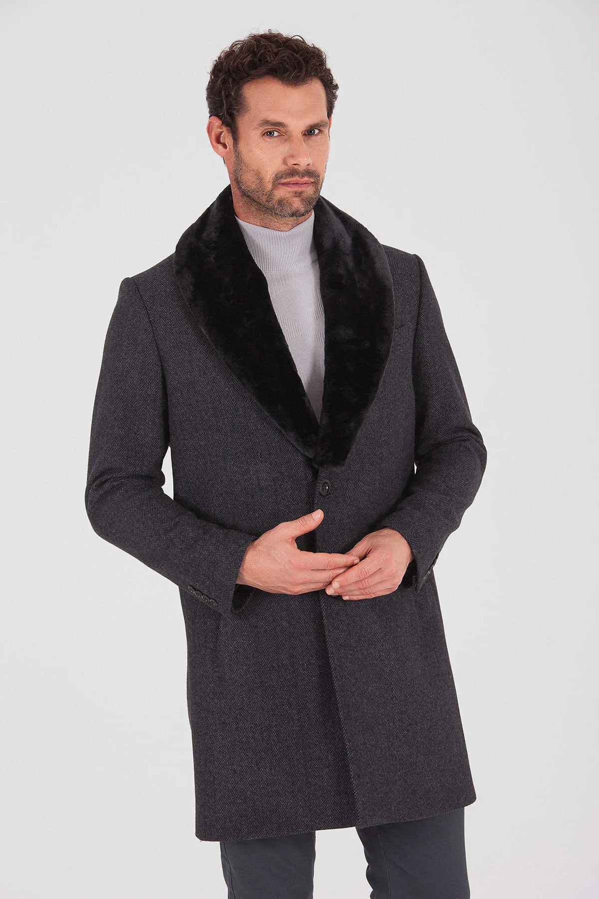 Slim Fit Cachet Charcoal Herringbone Wool Blend Overcoat