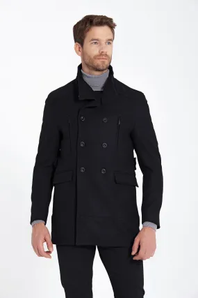 Slim Fit Cachet Double Breasted Black Wool Blend Overcoat