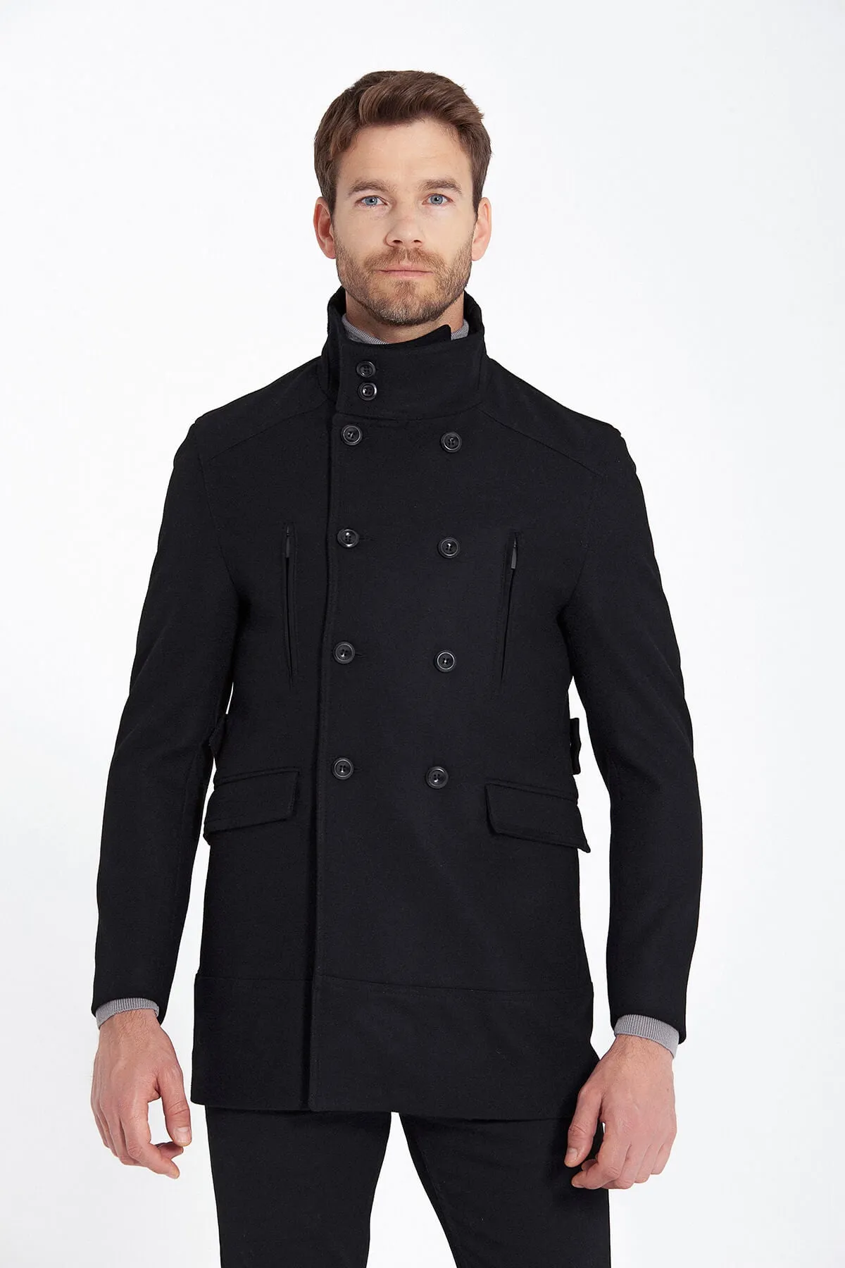 Slim Fit Cachet Double Breasted Black Wool Blend Overcoat