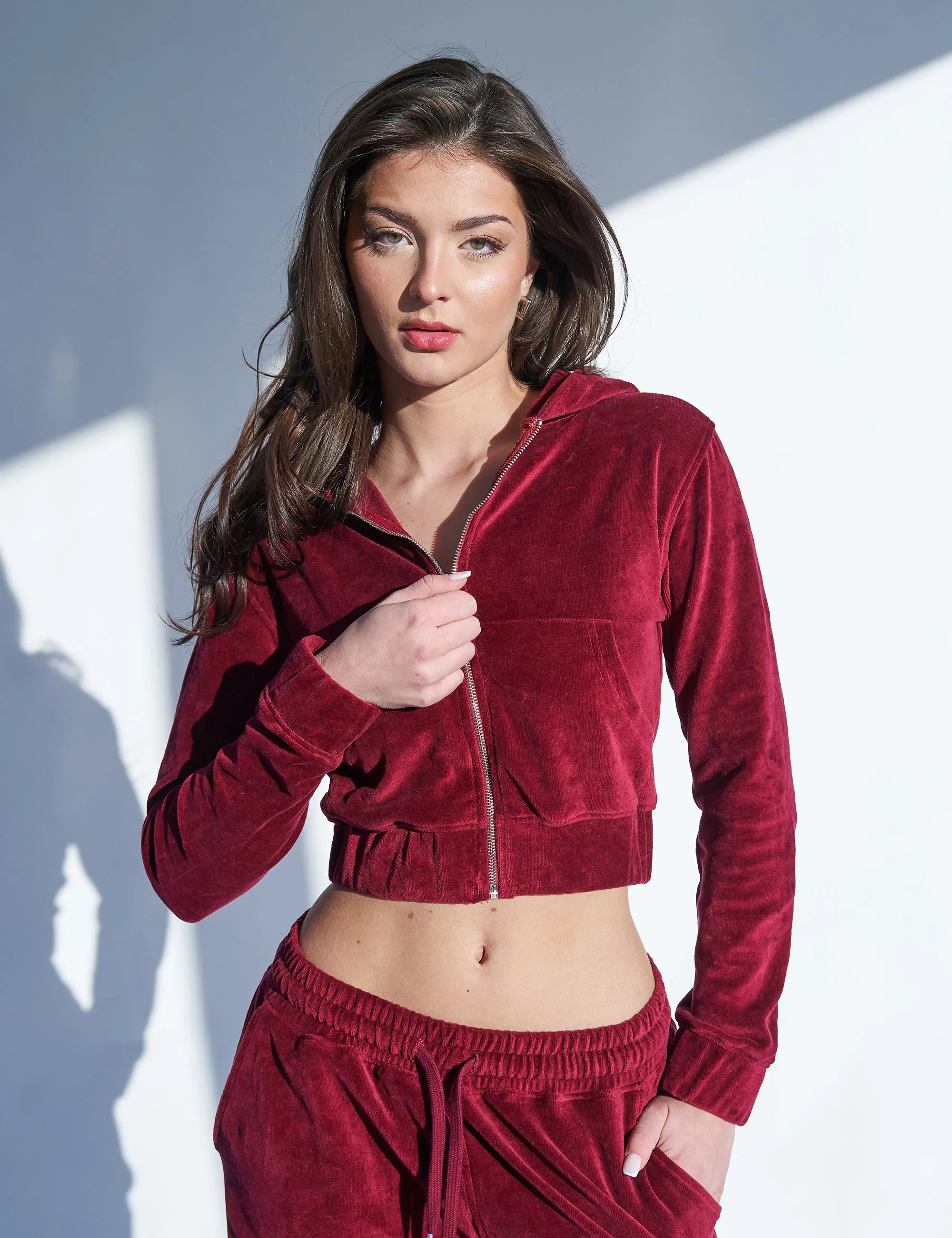 Slim Fit Velour Zip Through Cropped Hoodie Cherry Red