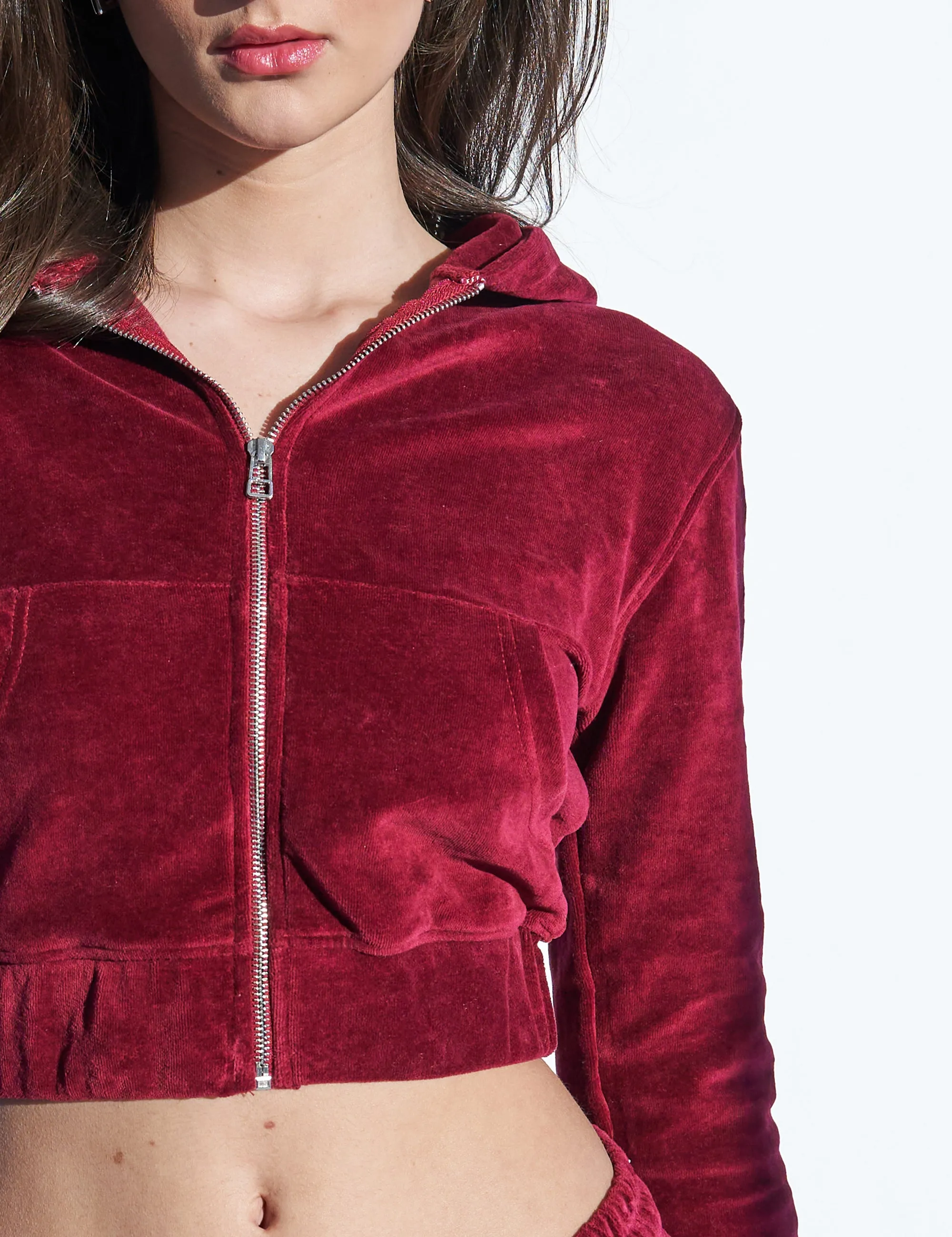 Slim Fit Velour Zip Through Cropped Hoodie Cherry Red