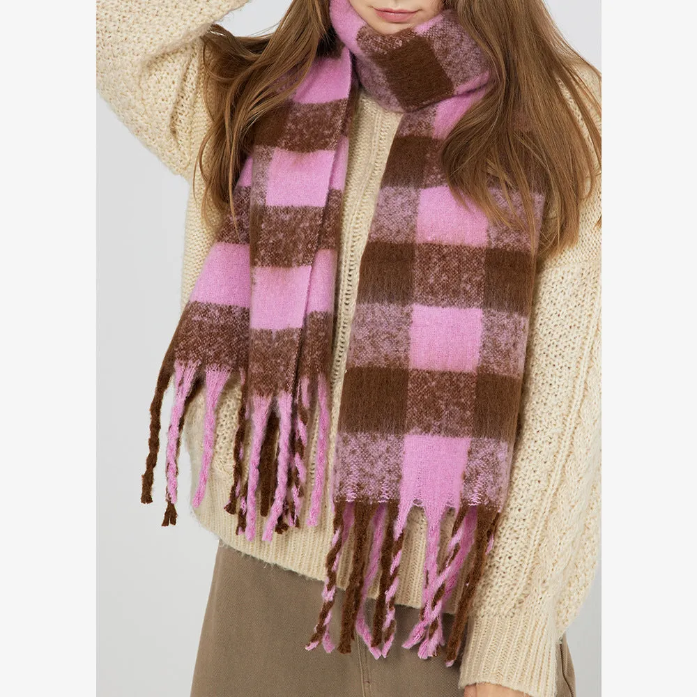 Soft Fluffy Checkered Mohair Cashmere Warm Winter Scarf