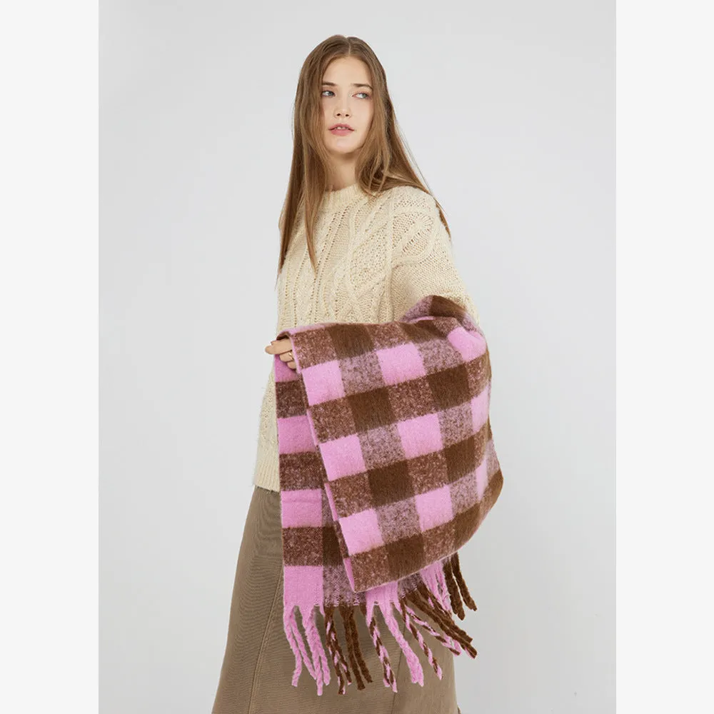 Soft Fluffy Checkered Mohair Cashmere Warm Winter Scarf