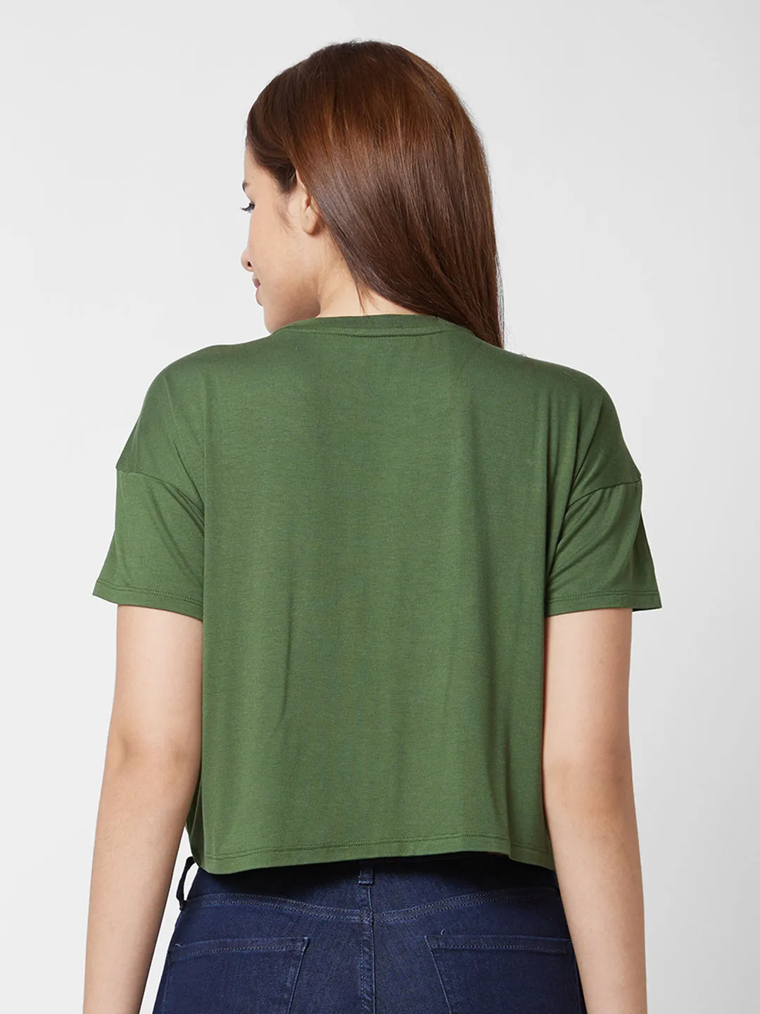 Spykar Round Neck Half Sleeve Olive Green Printed T-Shirt For Women