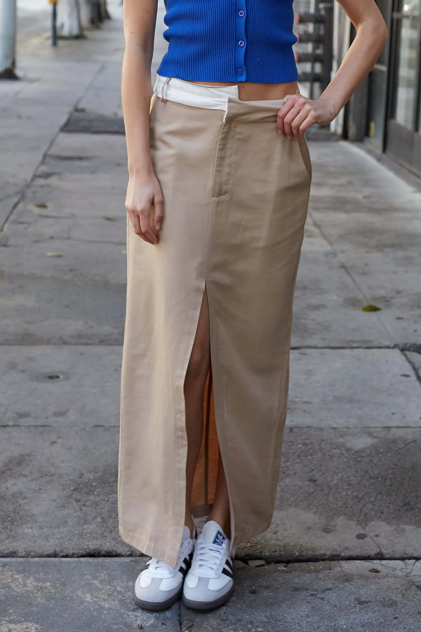 Step to It Asymmetrical-Waist Maxi Pencil Skirt