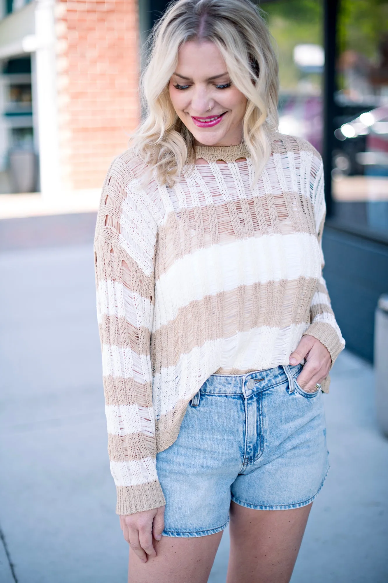 STRIPED LADDER KNIT PULLOVER SWEATER