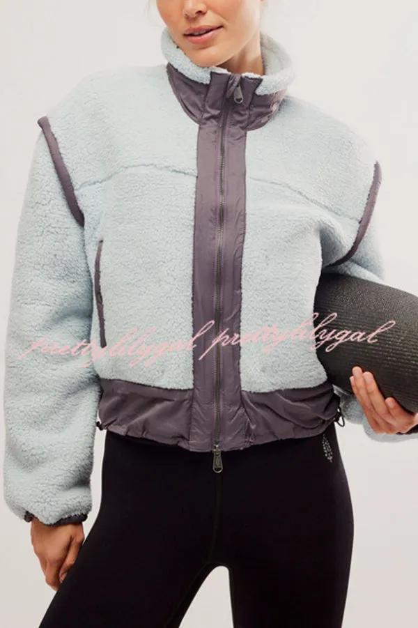 Stylish Patchwork Stand Collar Sherpa Zipper Jacket