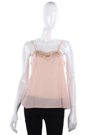 Tergal blush pink camisole top with gold flower embroidery. UK 8