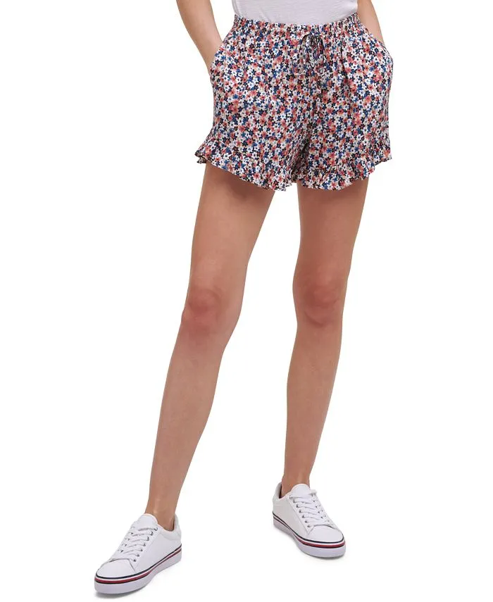 Tommy Jeans Women's Floral Ruffle Shorts Blue/Orange Size X-Large