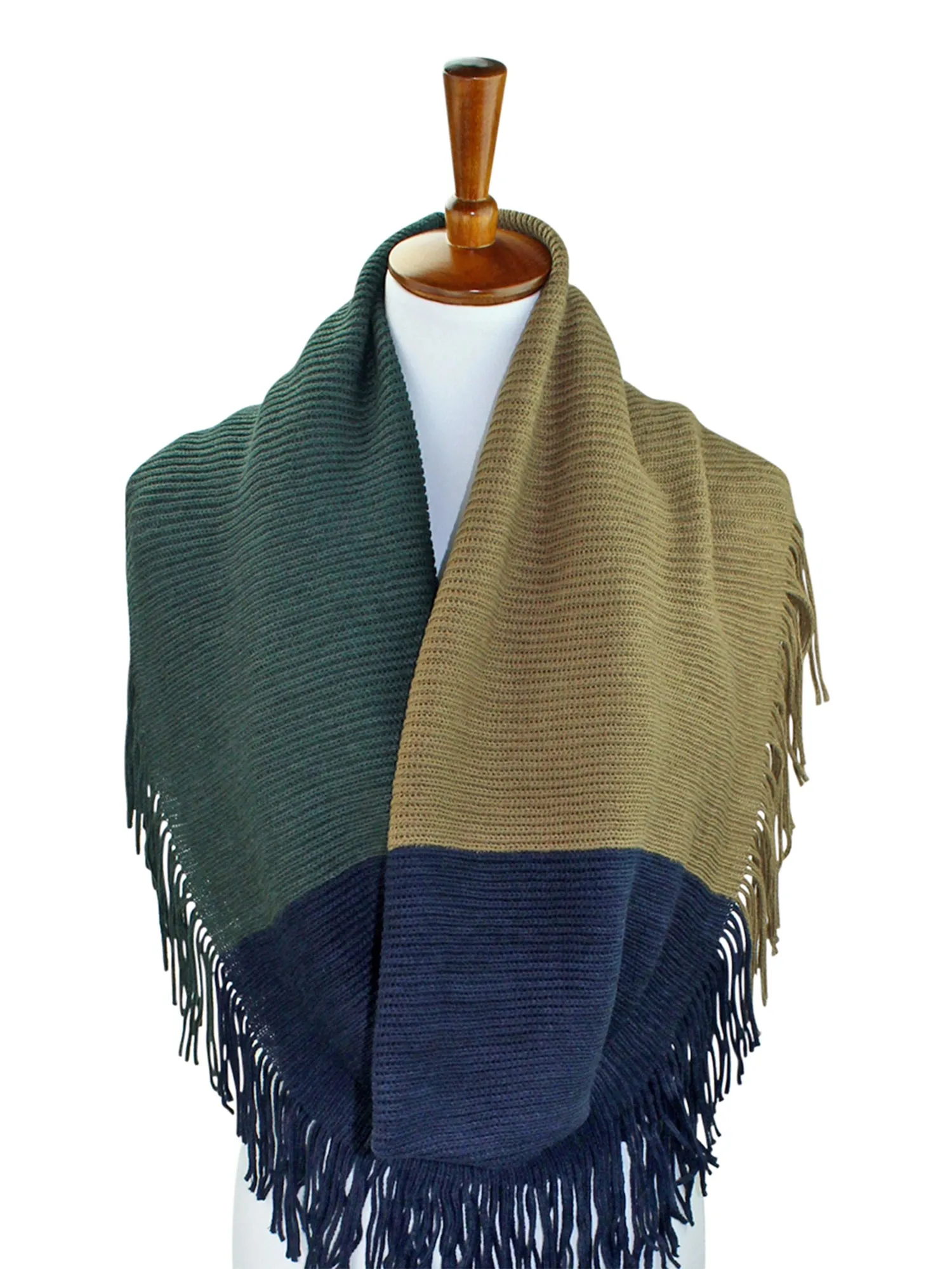 Tricolor Block Winter Knit Infinity Scarf With Fringe