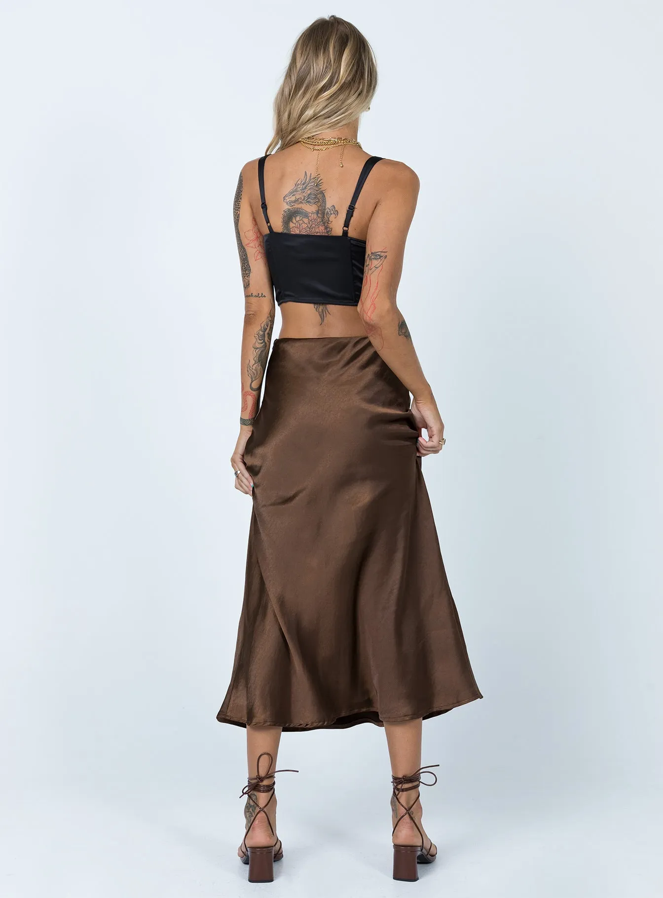 Tyra Satin Midi Skirt Brown