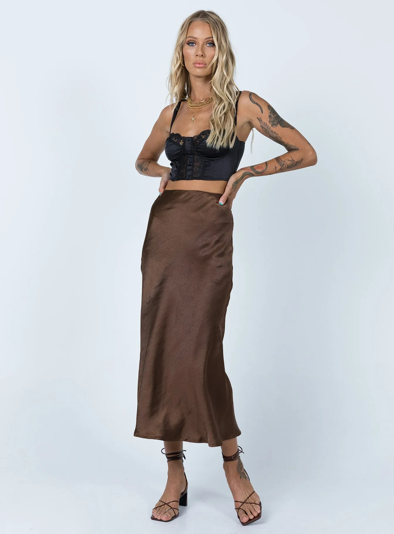 Tyra Satin Midi Skirt Brown