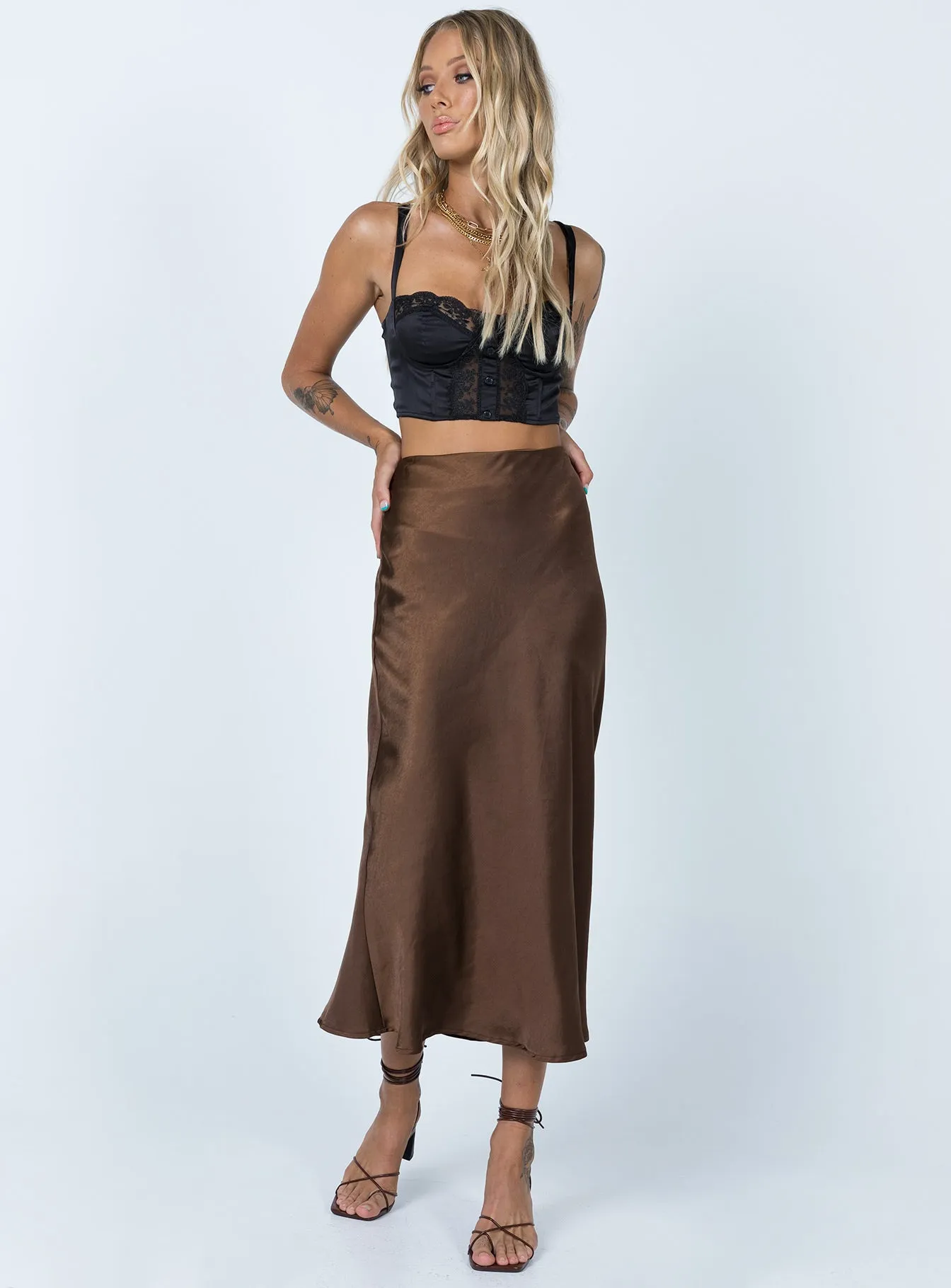 Tyra Satin Midi Skirt Brown