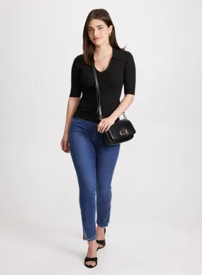 V-Neck Polo Sweater & Embellished Hem Slit Jeans