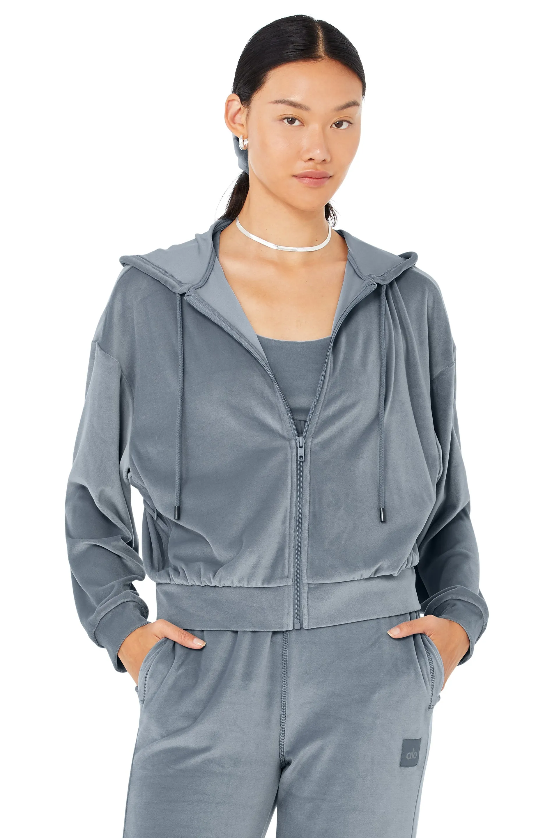 Velour Glimmer Full Zip Hoodie - Steel Blue