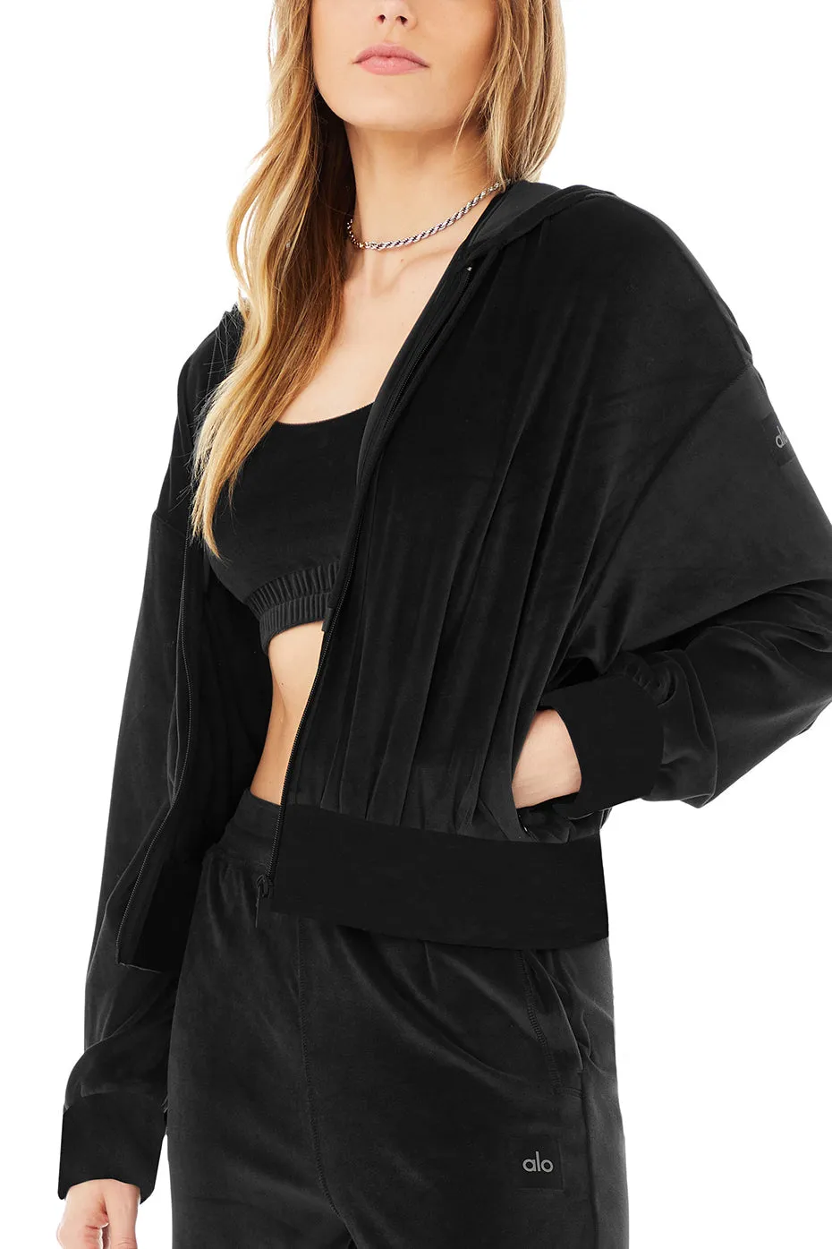 Velour Glimmer Scoop Neck Bra & Full Zip Hoodie & High-Waist Wide Leg Pant Set