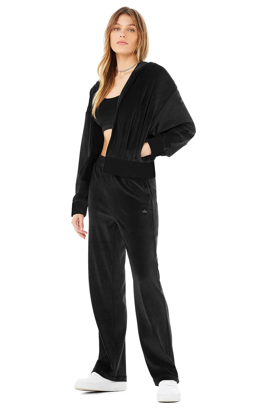 Velour Glimmer Scoop Neck Bra & Full Zip Hoodie & High-Waist Wide Leg Pant Set