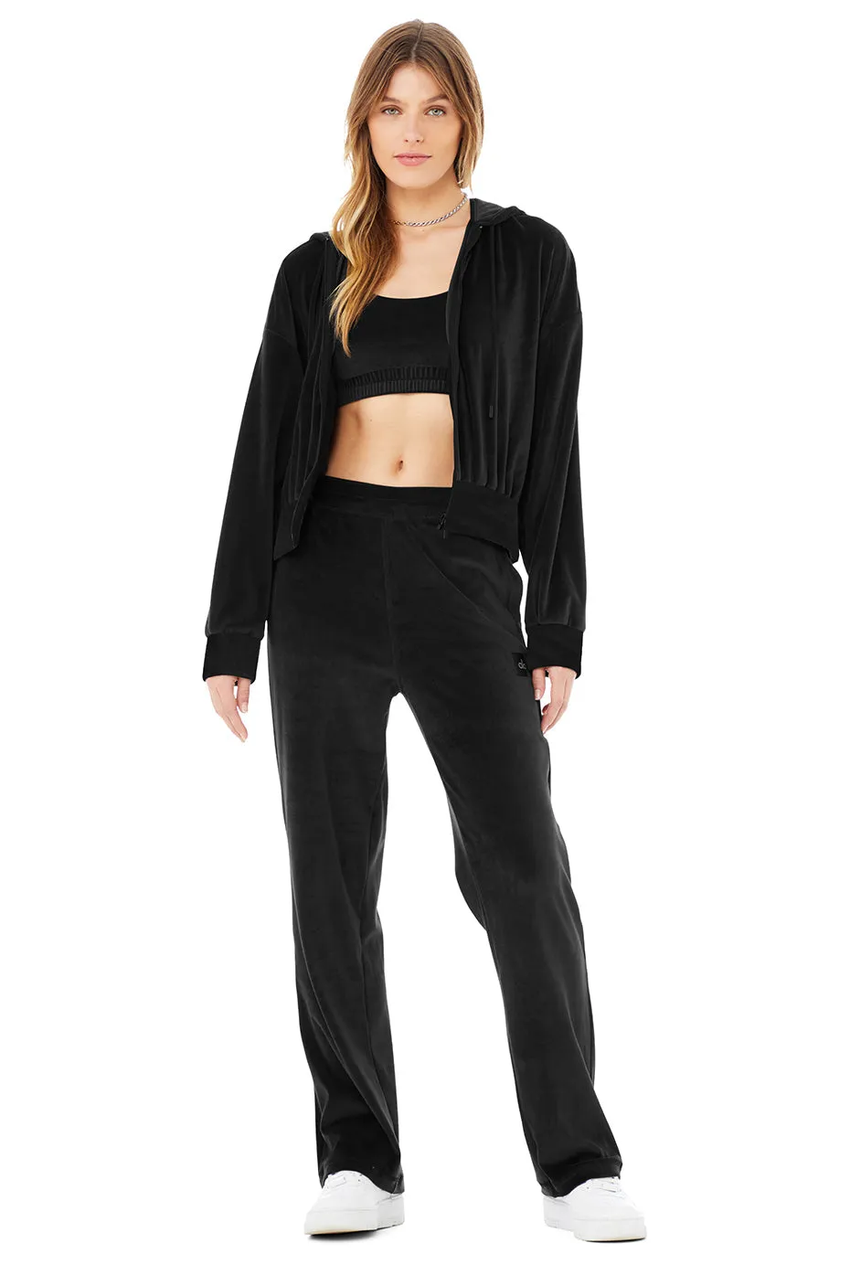 Velour Glimmer Scoop Neck Bra & Full Zip Hoodie & High-Waist Wide Leg Pant Set