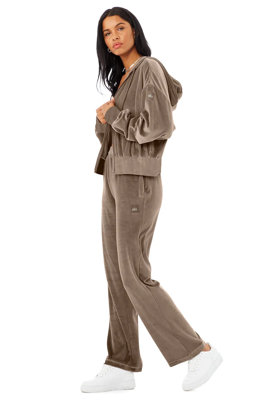 Velour Glimmer Scoop Neck Bra & Full Zip Hoodie & High-Waist Wide Leg Pant Set