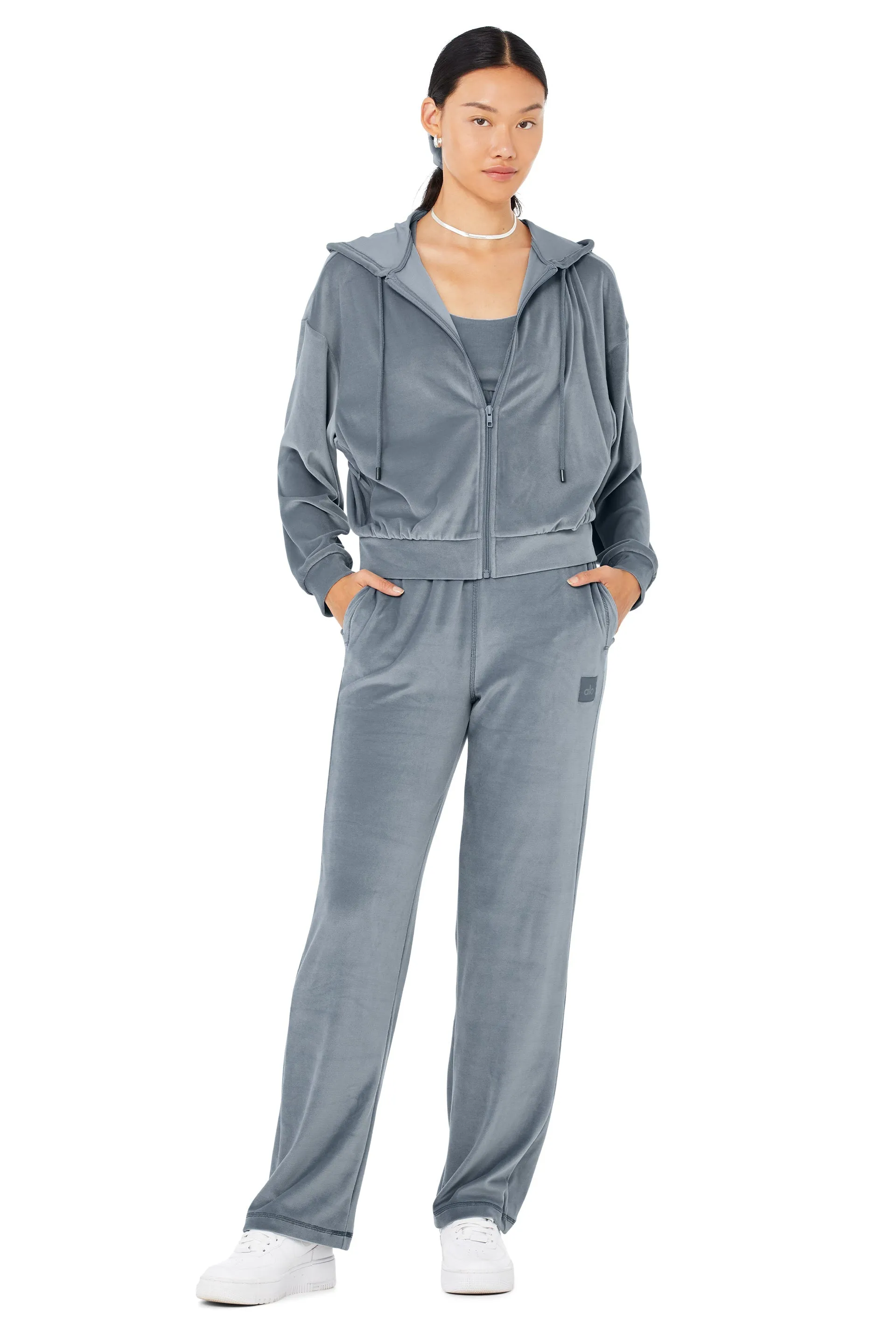 Velour Glimmer Scoop Neck Bra & Full Zip Hoodie & High-Waist Wide Leg Pant Set