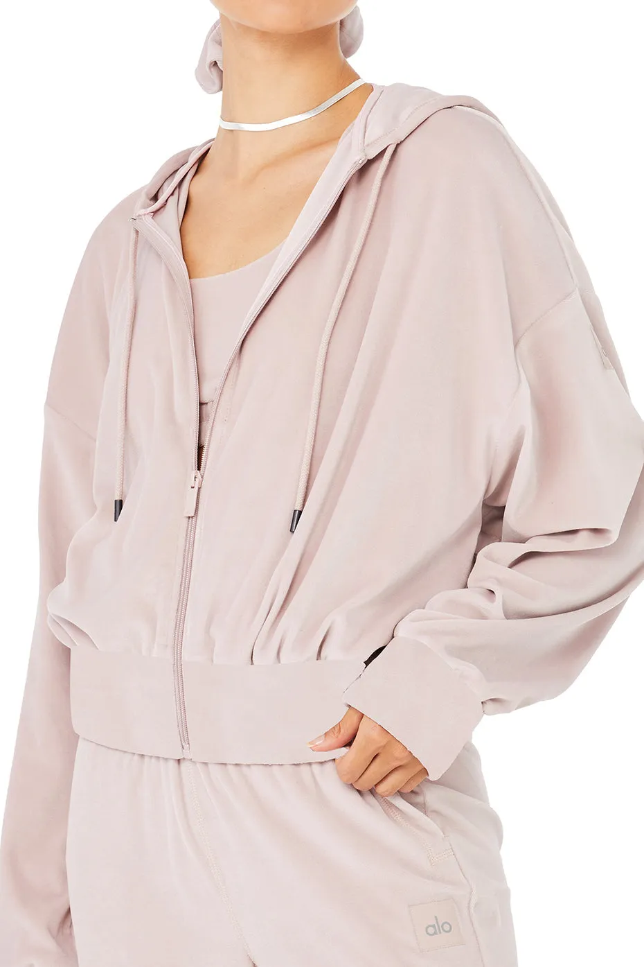 Velour Glimmer Scoop Neck Bra & Full Zip Hoodie & High-Waist Wide Leg Pant Set