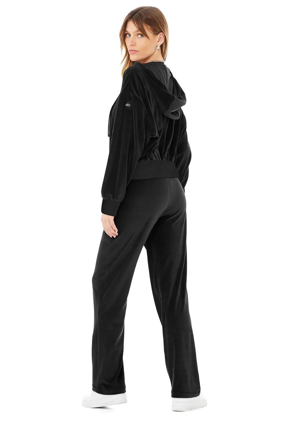 Velour Glimmer Scoop Neck Bra & Full Zip Hoodie & High-Waist Wide Leg Pant Set