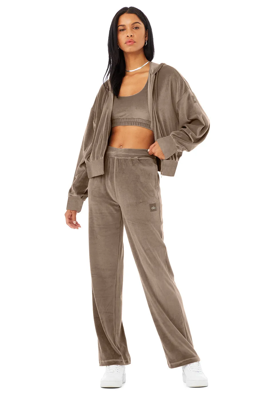 Velour Glimmer Scoop Neck Bra & Full Zip Hoodie & High-Waist Wide Leg Pant Set