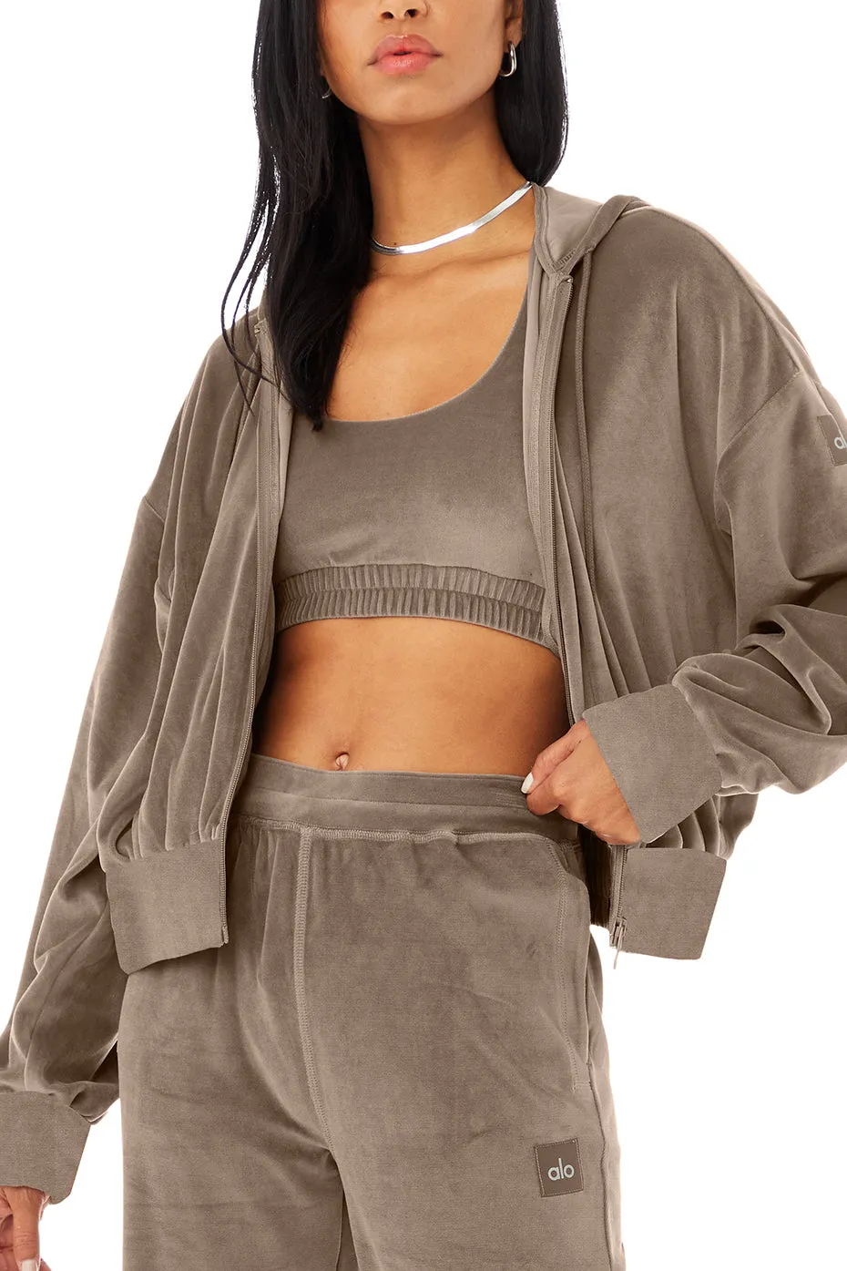 Velour Glimmer Scoop Neck Bra & Full Zip Hoodie & High-Waist Wide Leg Pant Set