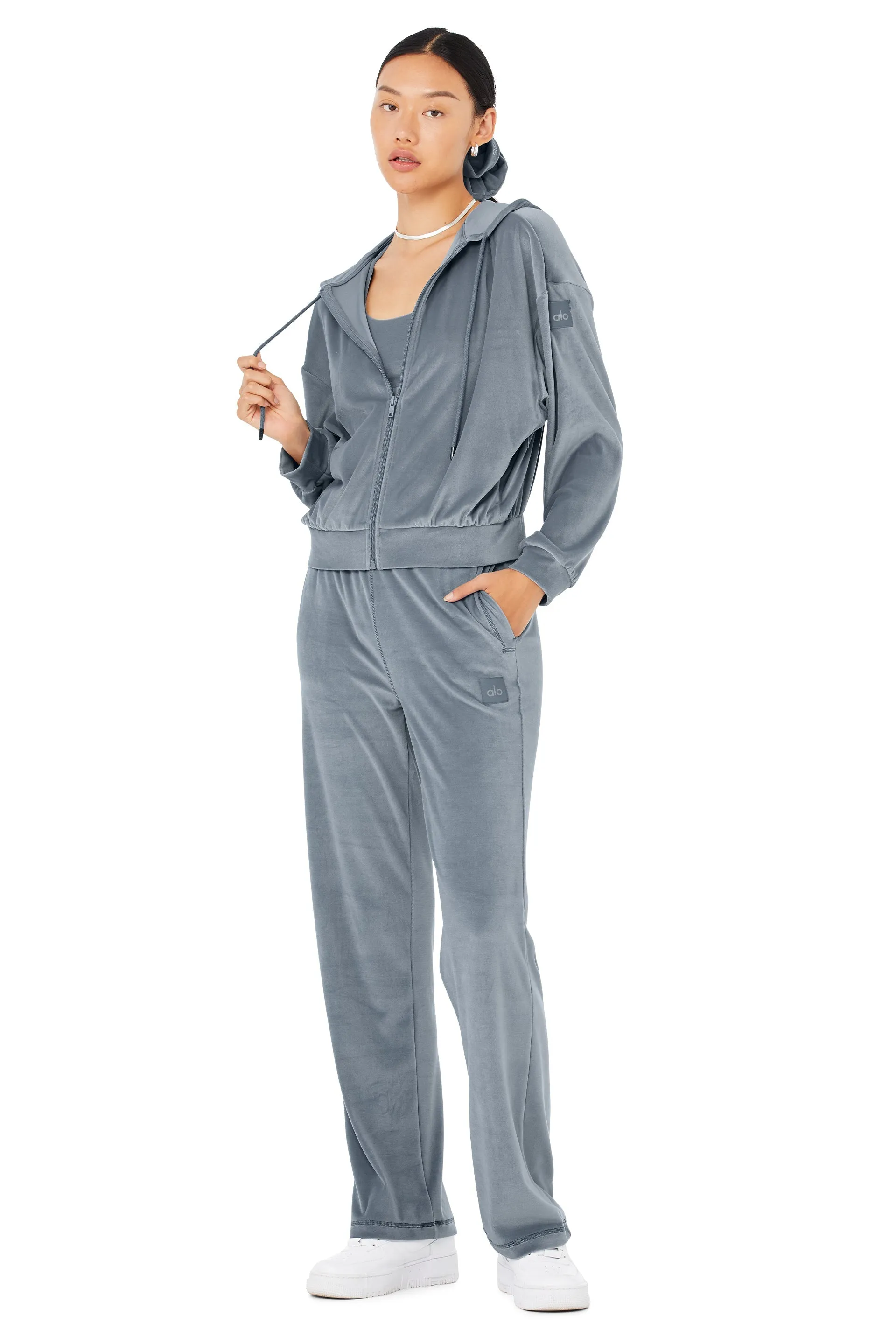 Velour Glimmer Scoop Neck Bra & Full Zip Hoodie & High-Waist Wide Leg Pant Set