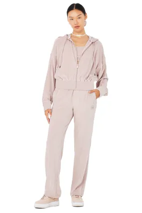 Velour Glimmer Scoop Neck Bra & Full Zip Hoodie & High-Waist Wide Leg Pant Set