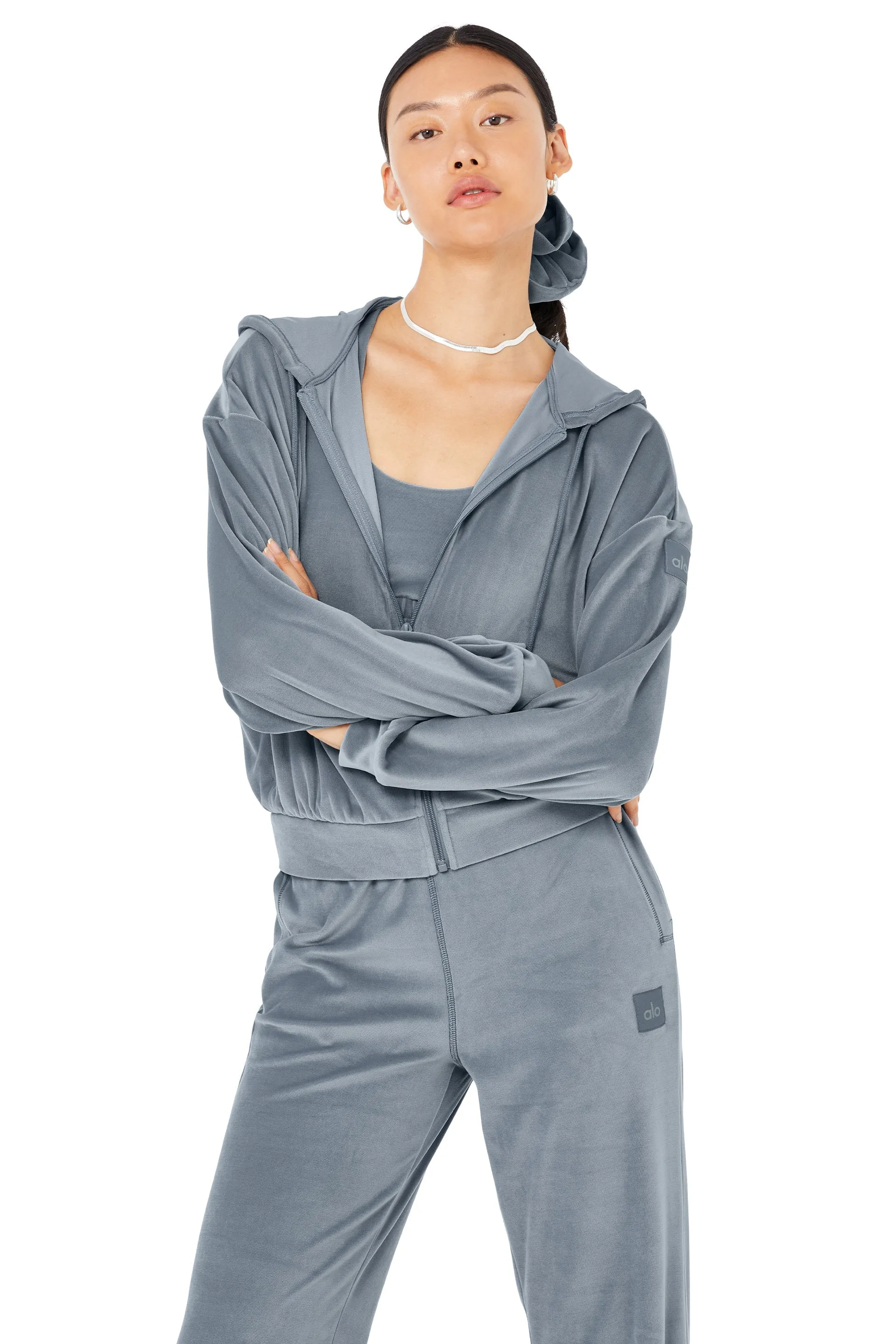 Velour Glimmer Scoop Neck Bra & Full Zip Hoodie & High-Waist Wide Leg Pant Set