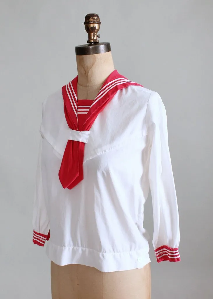 Vintage 1920s Red and White Sailor Style Midi Blouse